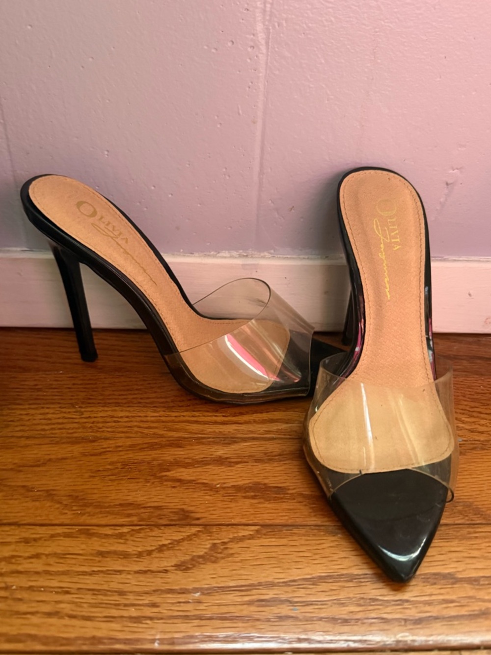 Clear Strap Black Pointed Toe High Heel Mules